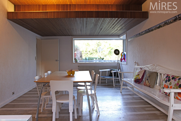 Big white bench and wooden ceiling. C0665