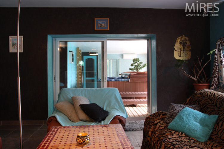 Turquoise and brown TV room. C0556