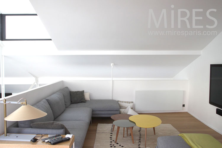 Tv on white mezzanine area. c0954