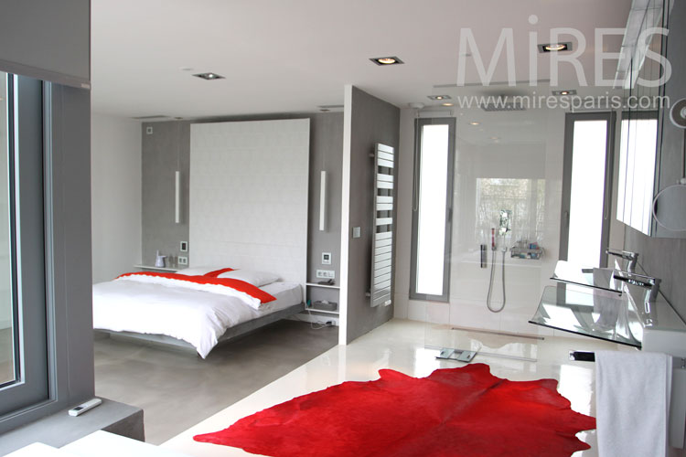 Chambre avec bains et tapis rouge. C0987