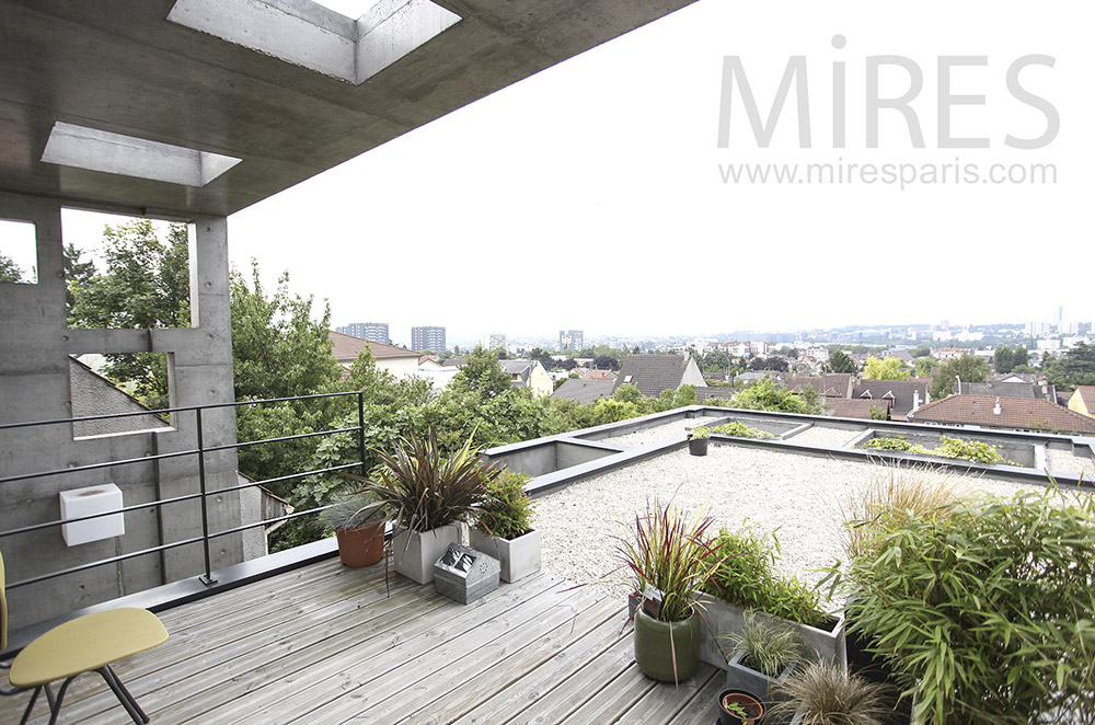 Rooftop avec vue et plantes vertes. C1584