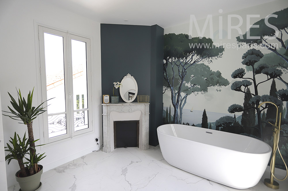 Beautiful oval bathtub, nature wallpaper. C1563